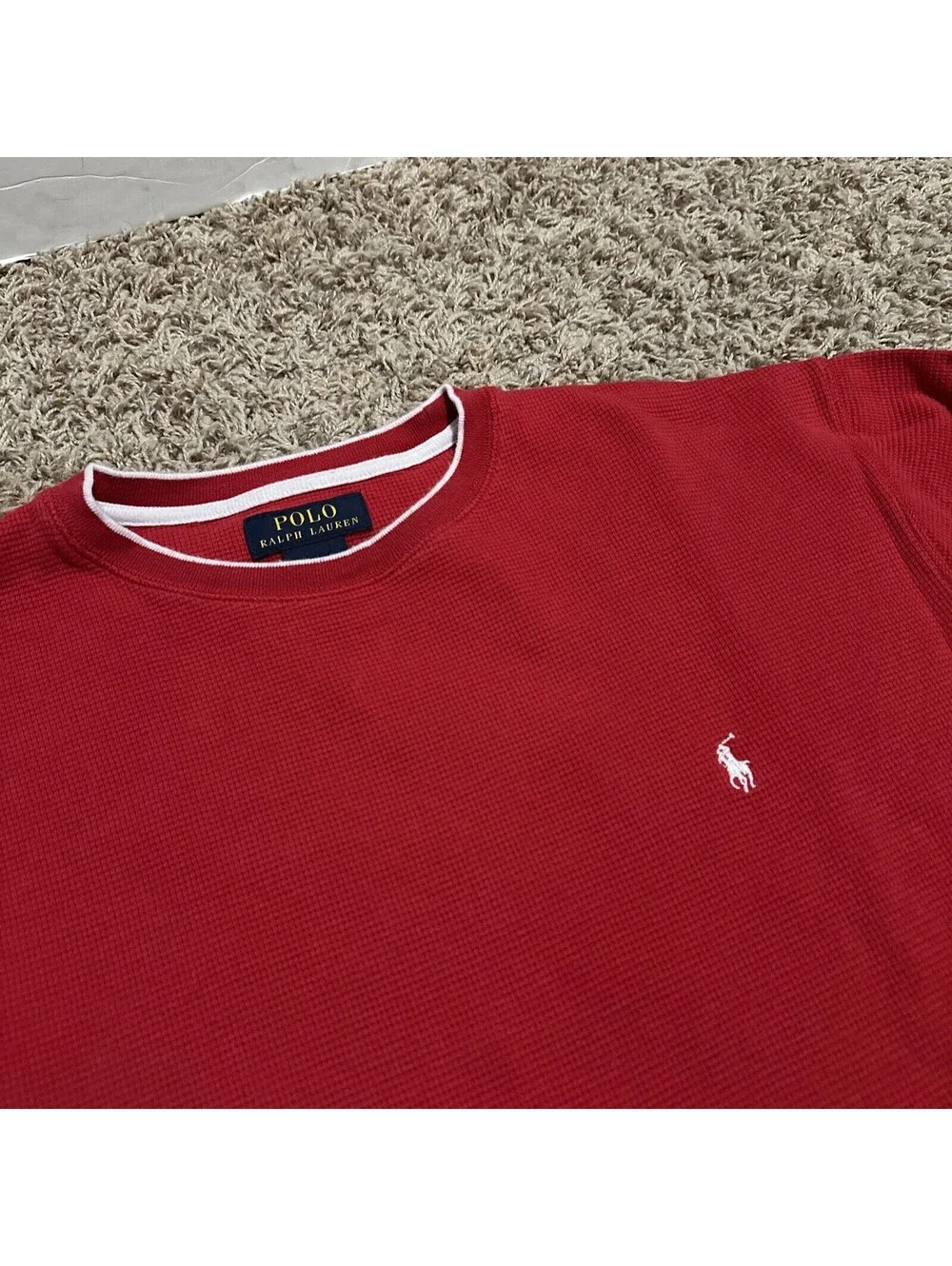 Polo Ralph Lauren Men's Polo Shirt Large? Red Long Sleeve Mesh/Thermal